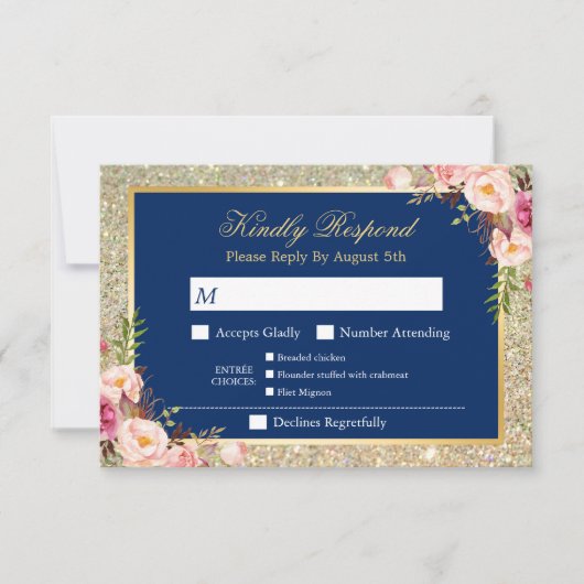 Navy Blue Floral Gold Glitter Entree Menu RSVP (Voorkant)
