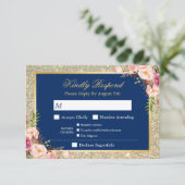 Navy Blue Floral Gold Glitter Entree Menu RSVP (Staand voorkant)