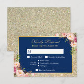 Navy Blue Floral Gold Glitter Entree Menu RSVP (Voorkant / Achterkant)