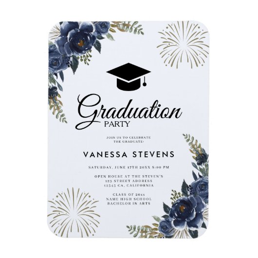 Navy Blue Floral Graduation Cap Party Magneet (Verticaal)