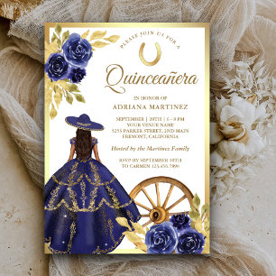 Navy Blue Floral Jurk Charro Gold Quinceanera Kaart