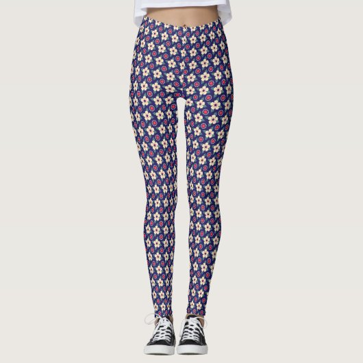 Navy Blue Floral  Leggings (Voorkant)
