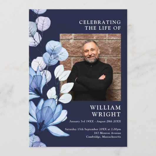 Navy Blue Floral Memorial Funeral Order of Service Programma (Voorkant)