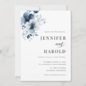 Navy Blue Floral Minimal Plain All in One Wedding Kaart (Voorkant)