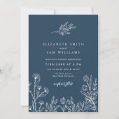 Navy Blue Floral Modern Simple Wedding Kaart (Voorkant)
