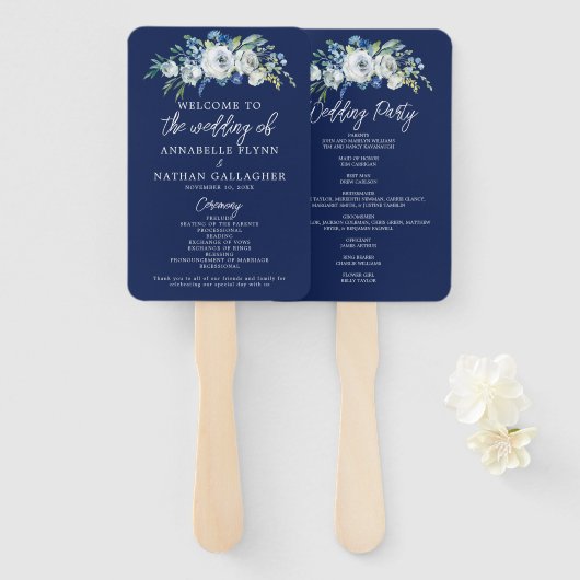 Navy Blue Floral Modern Winter Wedding Programme Handwaaier (Voorkant en achterkant)
