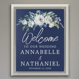 Navy Blue Floral Modern Winter Wedding Welkom Poster