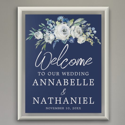 Navy Blue Floral Modern Winter Wedding Welkom Poster