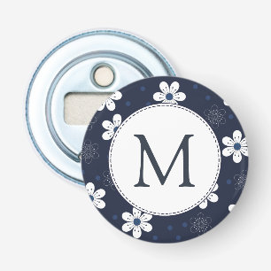 Navy Blue  Floral Monogram Button Flesopener