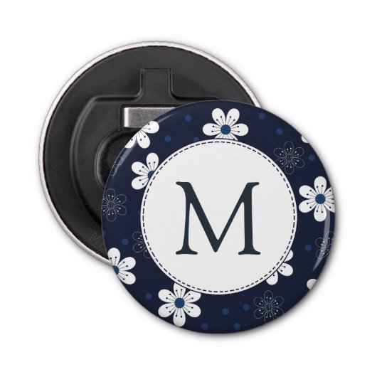 Navy Blue Floral Monogram Button Flesopener (Voorkant)