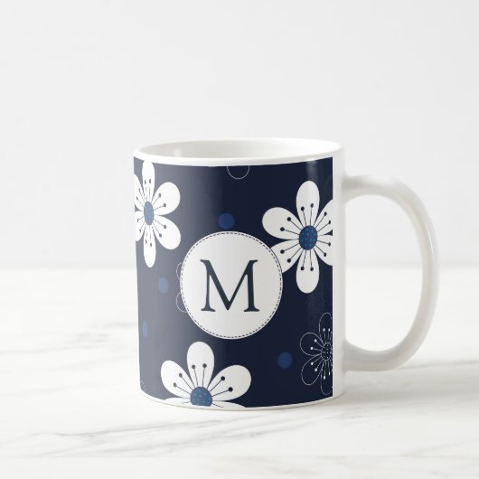Navy Blue Floral Monogram Koffiemok (Rechts)