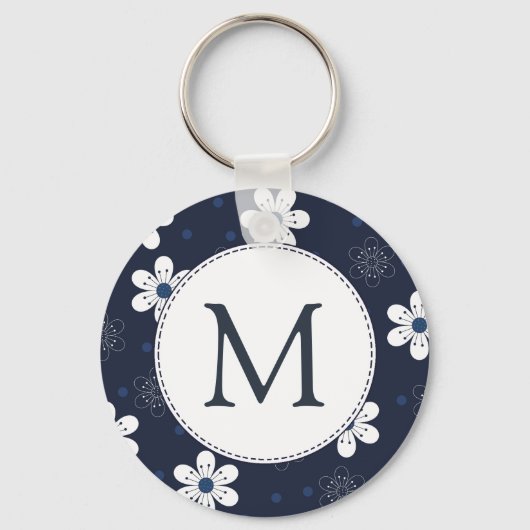 Navy Blue  Floral Monogram Sleutelhanger (Voorkant)