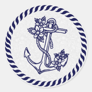 Navy Blue Floral Nautical Anchor & Wreate Ronde Sticker