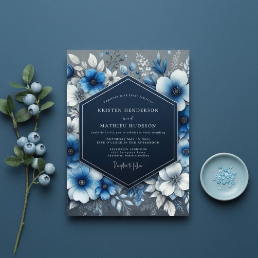 Navy Blue Floral Opulence Wedding Kaart