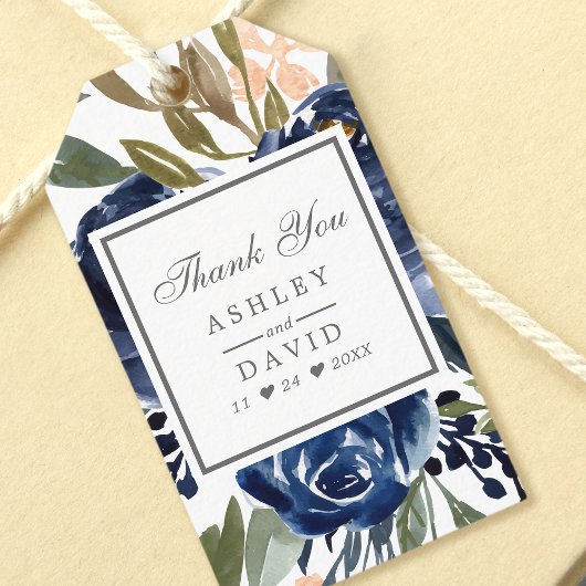 Navy Blue Floral Pattern Waterverf Wedding Cadeaulabel