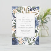 Navy Blue Floral Pattern Waterverf Wedding Kaart (Staand voorkant)