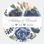 Navy Blue Floral Pattern Waterverf Wedding Ronde Sticker (Voorkant)