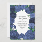 Navy Blue Floral Photo and QR Code Wedding Kaart (Voorkant)