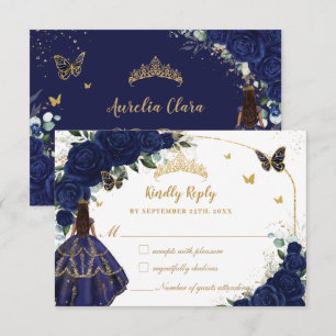 Navy Blue Floral Princess Jurk Quinceañera XV 15 RSVP Kaartje
