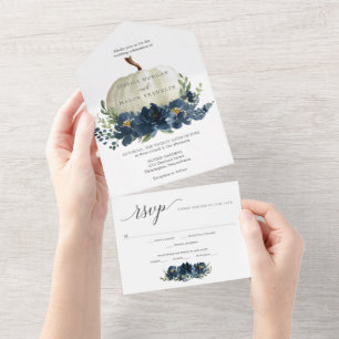 Navy Blue Floral Pumpkin Wedding All In One Uitnodiging