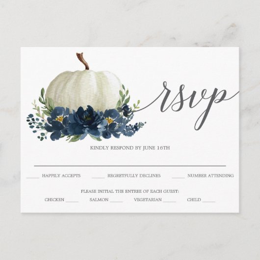 Navy Blue Floral Pumpkin Wedding RSVP Briefkaart (Voorkant)
