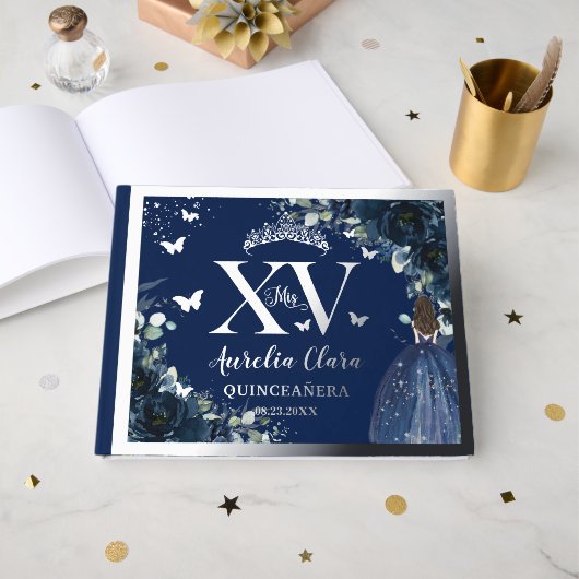 Navy Blue Floral Quinceañera Quince 15 Silver (Recto ouvert)