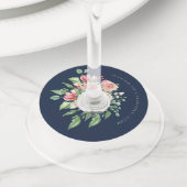 Navy Blue Floral Roze Bruiloft Wijnglas Label (Dichtbij)