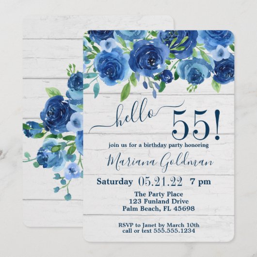 Navy Blue Floral Rustic 55th Birthday Party Kaart (Voorkant / Achterkant)