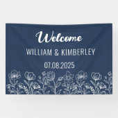 Navy Blue Floral Rustic Simple Modern Wedding Spandoek (Horizontaal)