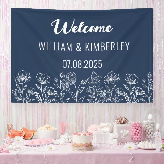 Navy Blue Floral Rustic Simple Modern Wedding Spandoek (Feest)