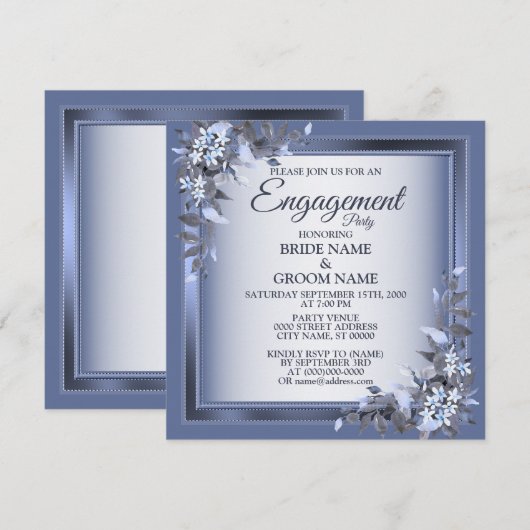 Navy Blue Floral Silver Grey Engagement Party Kaart (Voorkant / Achterkant)