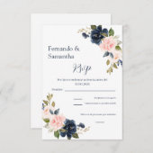 Navy Blue Floral Spaanse bruiloft RSVP kaart (Voorkant / Achterkant)