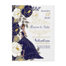 Navy Blue Floral Spain Quincanera Save the Date