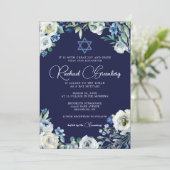 Navy Blue Floral Star van David Bat Mitzvah Kaart (Staand voorkant)