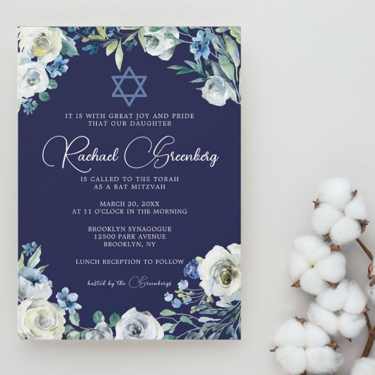 Navy Blue Floral Star van David Bat Mitzvah Kaart