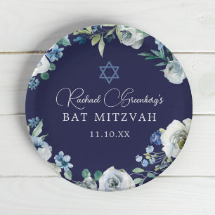 Navy Blue Floral Star van David Bat Mitzvah Party Papieren Bordje