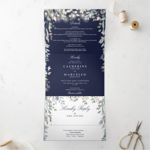 Navy Blue Floral String Lights Foto bruiloft Drieluik Uitnodiging