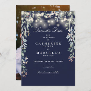 Navy Blue Floral String Lights Foto bruiloft Save The Date