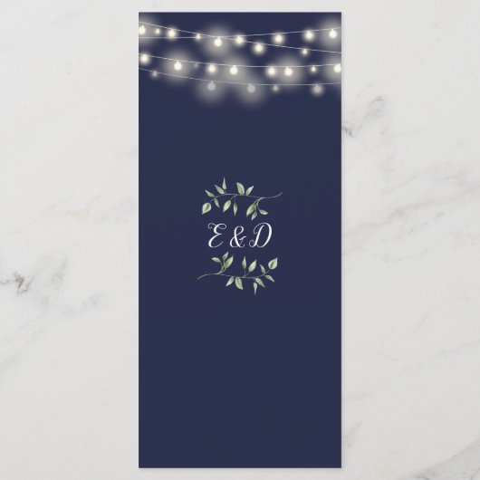 Navy Blue Floral String Lights Wedding Dinner Menu (Achterkant)