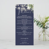 Navy Blue Floral String Lights Wedding Dinner Menu (Staand voorkant)