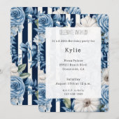 Navy Blue Floral Stripes Verjaardag Kaart (Voorkant / Achterkant)