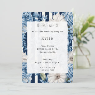 Navy Blue Floral Stripes Verjaardag Kaart