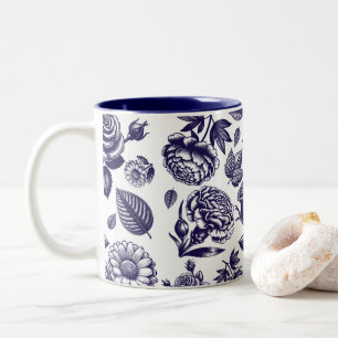Navy Blue Floral Tweekleurige Koffiemok