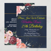 Navy Blue Floral Verjaardag Uitnodiging (Voorkant / Achterkant)