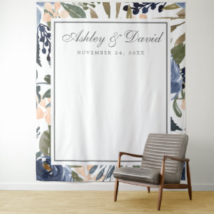 Navy Blue Floral Waterverf Foto Booth-achtergrond Wandkleed