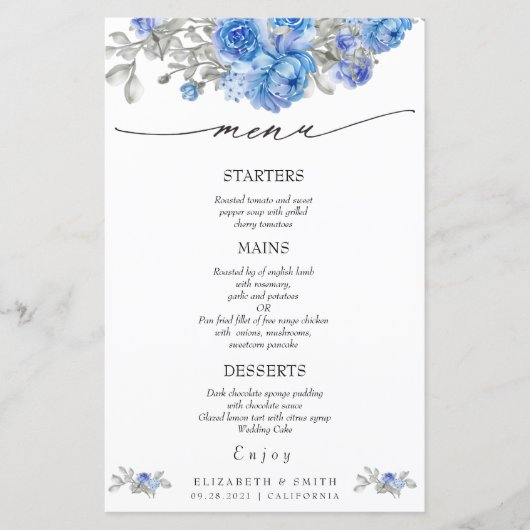 Navy Blue Floral Waterverf Wedding Menu (Voorkant)