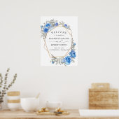 Navy Blue Floral Waterverf Wedding Poster (Keuken)