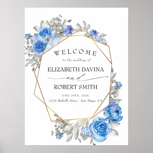 Navy Blue Floral Waterverf Wedding Poster (Voorkant)