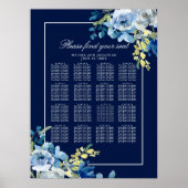 Navy Blue Floral Wedding 16 Table Seating Chart Poster (Voorkant)