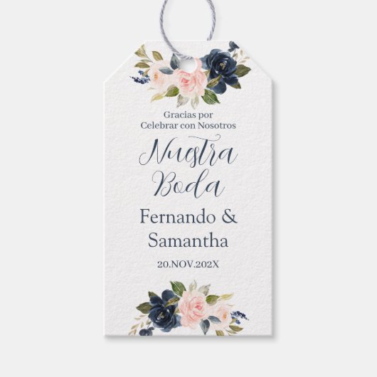 Navy Blue Floral Wedding Cadeaulabel (Voorkant)